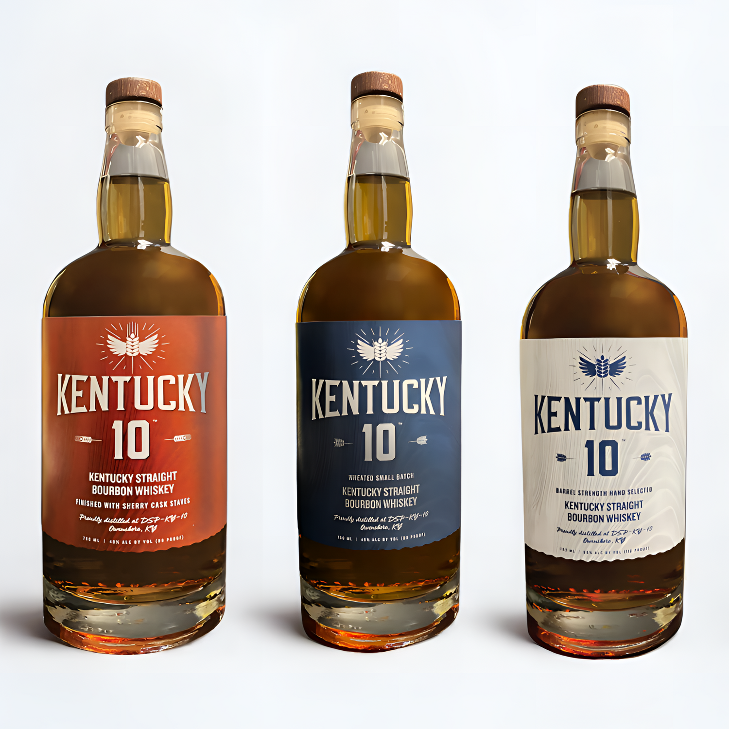 3 bottle of Kentucky 10, red, blue and white