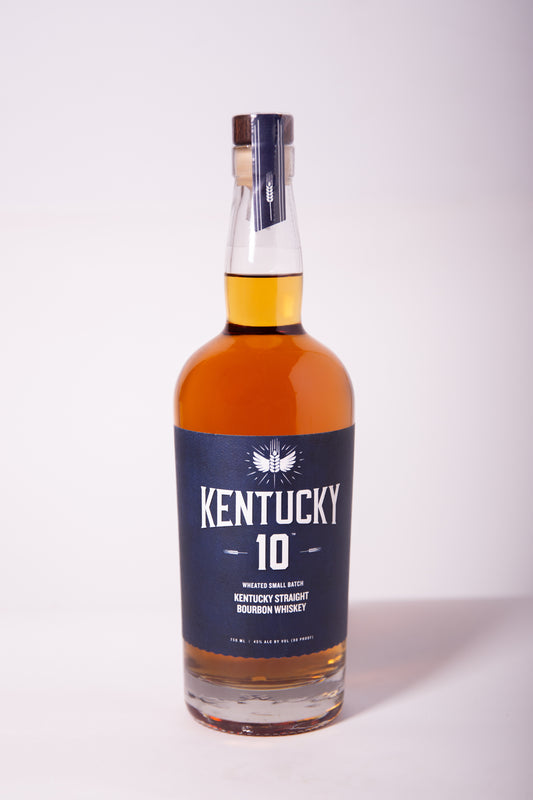 blue bottle of Kentucky 10 bourbon